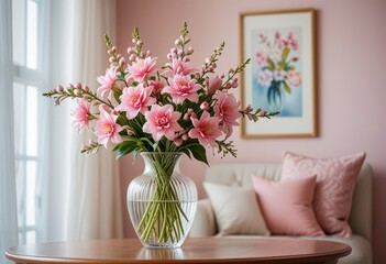 Interior adorned with elegant decorations, featuring a vase showcasing a stunning pink flower in full bloom
