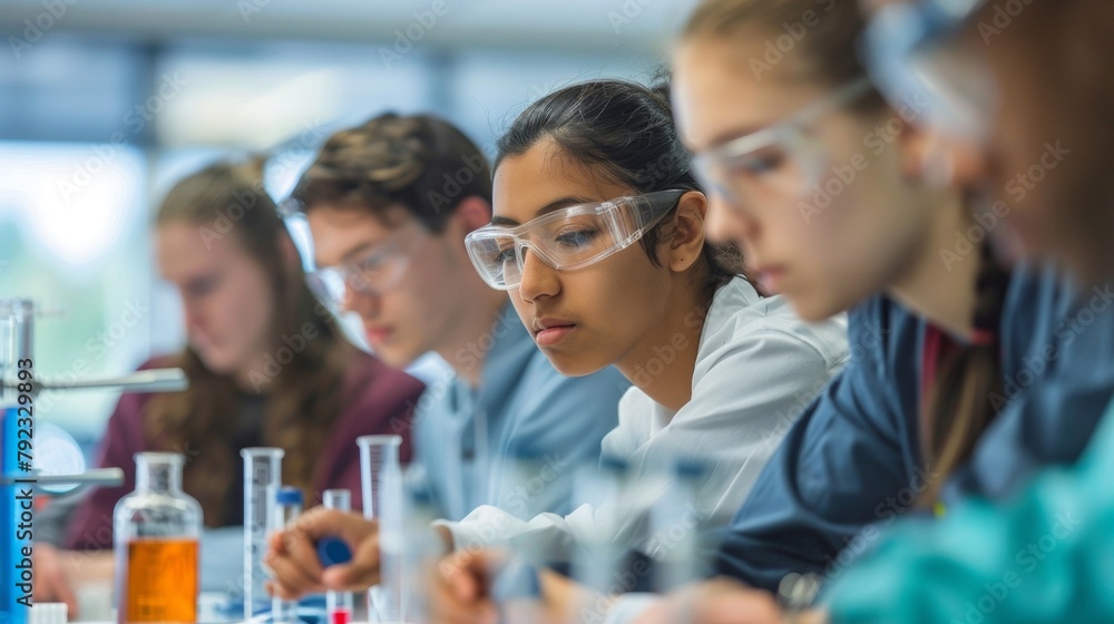Poster a photograph of a group of scientists gathered around a lab table examining test results and brainst