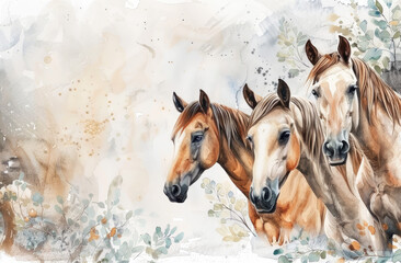 une collection d image d arriere plan de page de scrapbooking composee d un decor de chevaux sauvage, peint a l aquarelle - obrazy, fototapety, plakaty