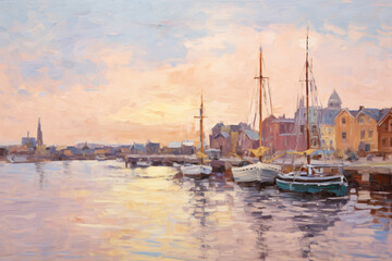 idyllic impressionistic, tonalism oil painting of a fishing port in a seaside scene.