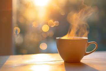 Coffee Cup with Morning Bokeh A steaming cup of coffee with a morning light bokeh effect in the background, symbolizing a fresh coffee - obrazy, fototapety, plakaty