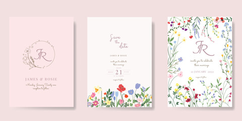 Minimal pink botanical Wedding Invitation, floral invite thank you, rsvp modern card Design in leaf and flower water color texture decorative Vector elegant rustic template - 792330290