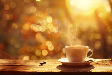 Coffee Cup with Morning Bokeh A steaming cup of coffee with a morning light bokeh effect in the background, symbolizing a fresh coffee