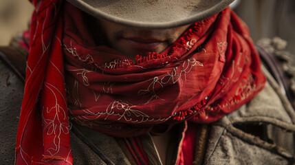 A red silk scarf adorned the neck of the vaquero hinting at his insatiable thirst for . . - obrazy, fototapety, plakaty