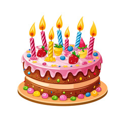 Birthday cake with three lit candles and cherry toppings, vector illustration. Generative AI