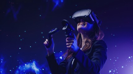 Fototapeta na wymiar Business woman wearing VR headset device, woman enjoying metaverse, future technology concept
