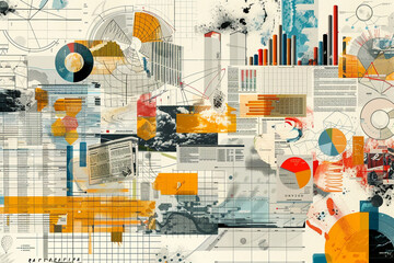 Collage of Big data elements and statistical charts - obrazy, fototapety, plakaty