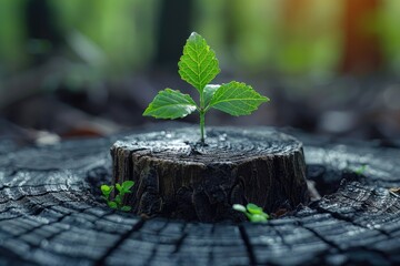 A close-up of new growth sprouting on an old tree stump, symbolizing renewal - obrazy, fototapety, plakaty