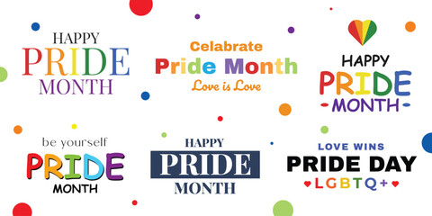 Celabrate, Pride month LGBTQ fonts, text, Print element set. LGBTQ community with rainbow, color, quote., Elements for pride month, bisexual, transgender, gender equality, sticker, rights concept,  