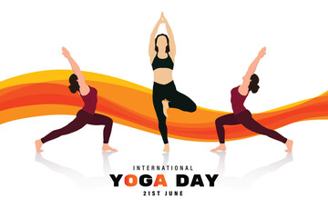 International yoga day wishing or gratings social media 21 June banner design with yoga pose and girls character posture vector illustration 