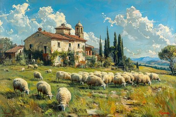 A flock of sheep grazing peacefully in a pasture, with a quaint village in the distance - obrazy, fototapety, plakaty