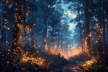 A nocturnal scene in a dense forest, illuminated by the glow of fireflies in a mating dance - obrazy, fototapety, plakaty