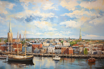 Fototapeta premium aerial seaside cityscape oil painting, artwork.