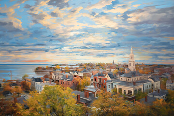 Obraz premium aerial seaside cityscape oil painting, artwork.