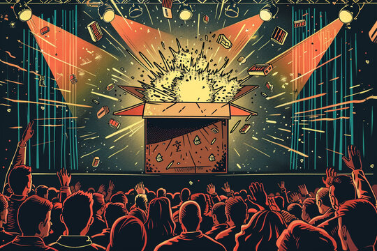 Comic-style illustration of a superhero box bursting open on stage