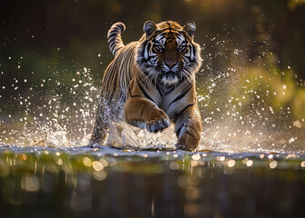 Fototapeta na wymiar Shimmering splash, airborne tiger