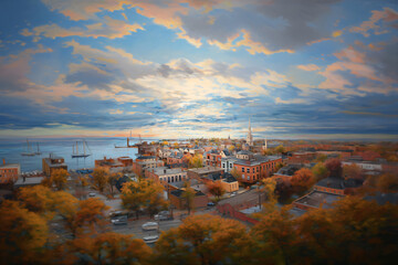 aerial seaside cityscape oil painting, artwork.