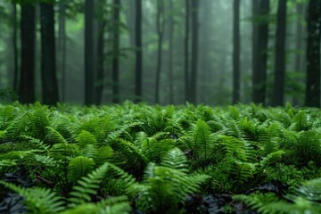 Close-up of ferns and undergrowth in a misty forest, highlighting the ecosystems richness - obrazy, fototapety, plakaty