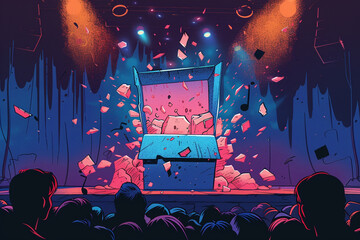 Comic-style illustration of a superhero box bursting open on stage - obrazy, fototapety, plakaty