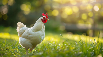 Free range white chicken leghorn breed in summer garden. Generative AI illustration  - obrazy, fototapety, plakaty