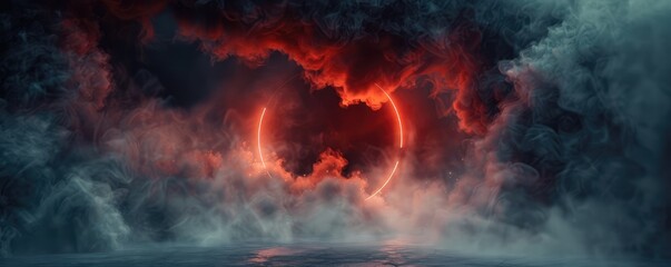 Fototapeta premium abstract red neon circle amidst mysterious in dark clouds.