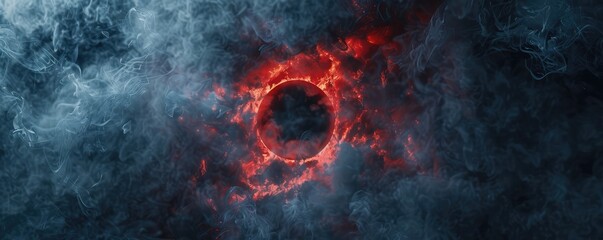 abstract red neon circle amidst mysterious in dark clouds. - obrazy, fototapety, plakaty