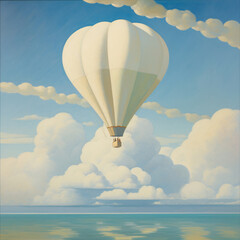 Fototapeta premium a calm relaxing nursery, story book illustration, painting of a hot air ballon in puffy clouds muted whites, blues, tans. social media post, art,