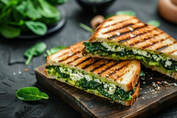 Grilled rye sandwiches with cheese spinach pesto avocado goat cheese focused on the tone