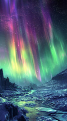 The mysterious glow of the northern lights over a dark, frozen landscape, with the vibrant colors providing the only light in a world of ice and snow. 32k, full ultra hd, high resolution