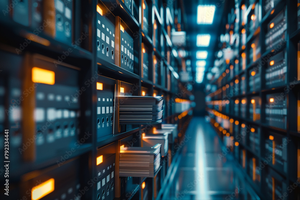 Poster company's digital archive with categorized folders and documents, representing systematic storage an