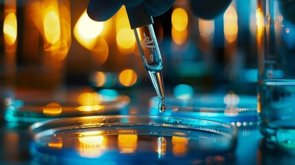 A closeup of a chemists hand as they use a pipette to precisely drop a liquid onto a petri dish. The focus is on their intense concentration their determination to carefully conduct . - obrazy, fototapety, plakaty