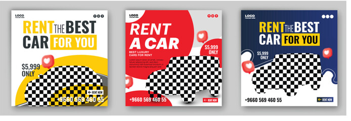 Creative ads collection of car rental service advertisement promotional social media post template design. Car rent service post bundle illustration