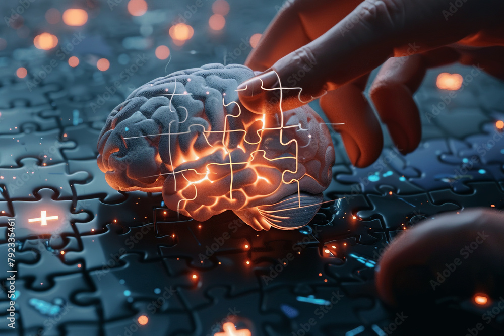 Poster concept art of a brain puzzle being solved representing the psychotherapy process