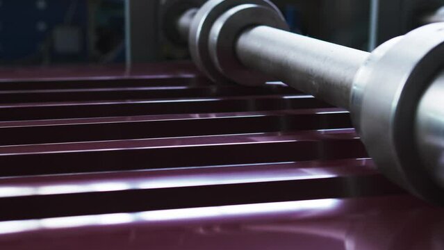 Production of corrugated sheets close-up.