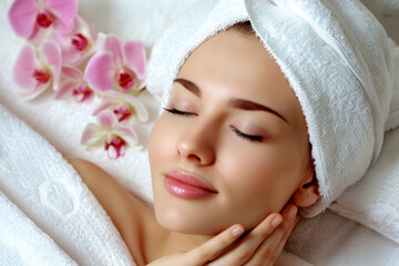 Beautiful young woman's face with orchid flower in a spa salon. Cosmetic skin care procedures.