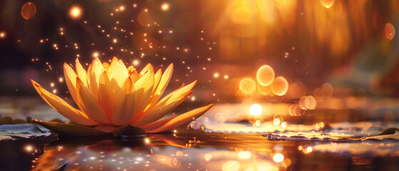 Yellow golden lotus on the water with bokeh light background. Golden times