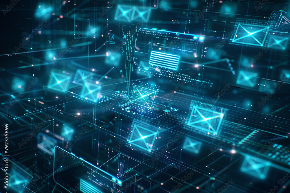 Aufkleber concept of secure communication with encrypted messages and emails flowing between digital devices