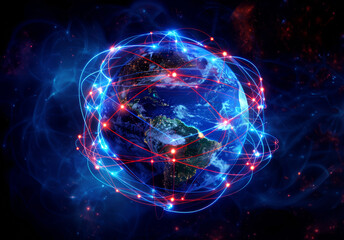 Abstract digital blue network of Earth planet on a dark background. international communication, technology and travel