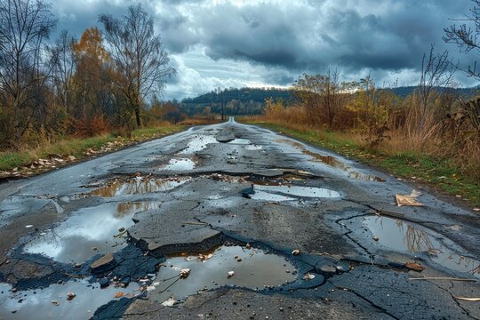 HDR image of an old road full of potholes and holes on the outskirts of the city during cloudy autumn weather
