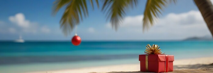 Christmas time spent at the beach in summer. A christmas tree surrounded by presents on a beautiful...