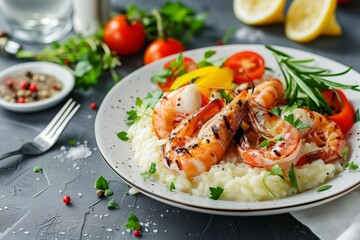 Healthy seafood risotto with grilled prawns and vegetables on a grey background
