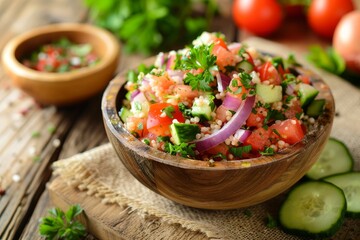 Healthy vegan salad with tomato cucumber red onion bulgur and parsley - obrazy, fototapety, plakaty