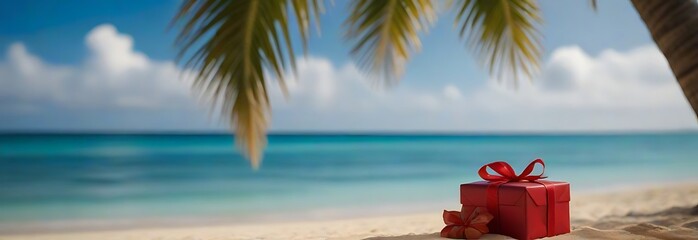 Christmas time spent at the beach in summer. A christmas tree surrounded by presents on a beautiful...