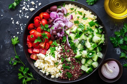 Healthy salad bowl with tabbouleh Greek salad fresh parsley olives onions feta and quinoa