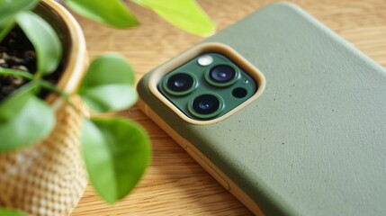 Closeup of ecofriendly biodegradable phone case made from sustainable materials such as bamboo and...
