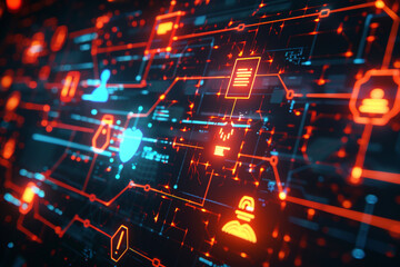 Conceptual image of a web interface showing icons for malware and hacking alerts