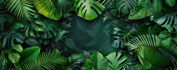 wallpaper with dense green tropical jungle foliage presenting various shades and leaf types. copy space for text.