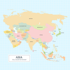 Fototapeta na wymiar Asia Map separated country full color with the country name for design an decoration.