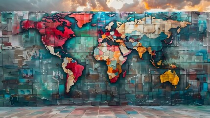 Globe Graffiti: A vintage map of the world with graffiti art overlay, showcasing continents and countries in an old, textured style
