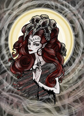 Scary fantasy engraved illustration with beautiful woman as demon with skulls in hair. Esoteric, mystic and gothic concept, Halloween background, character design